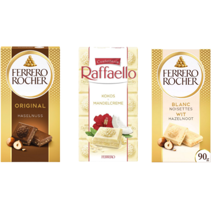 Ferrero Tablettes de Chocolat 90 g – Rocher Noisette & Raffaello Coco-Amande & Blanc - Noisette
